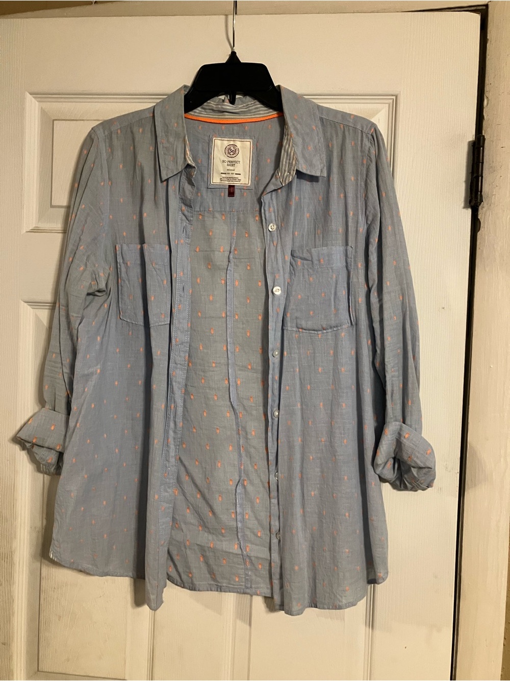 Women’s Light Blue Printed Button-Up Shirt with Orange Dot Print Size Medium